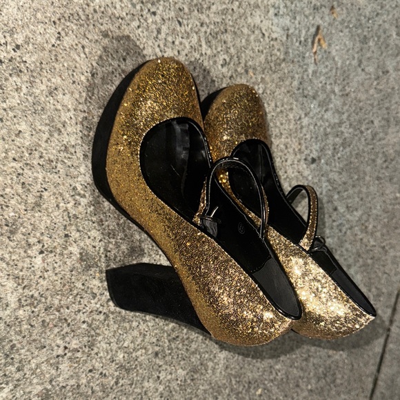 Gold Glitter Mary Jane Heels - Picture 1 of 5